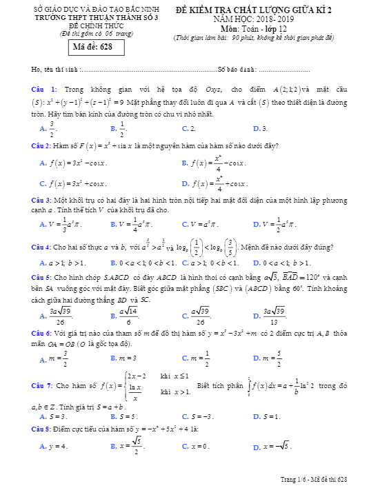 Đề kiểm tra giữa học kì 2 (HK2) lớp 12 môn Toán năm 2018 – 2019 trường Thuận Thành 3 – Bắc Ninh