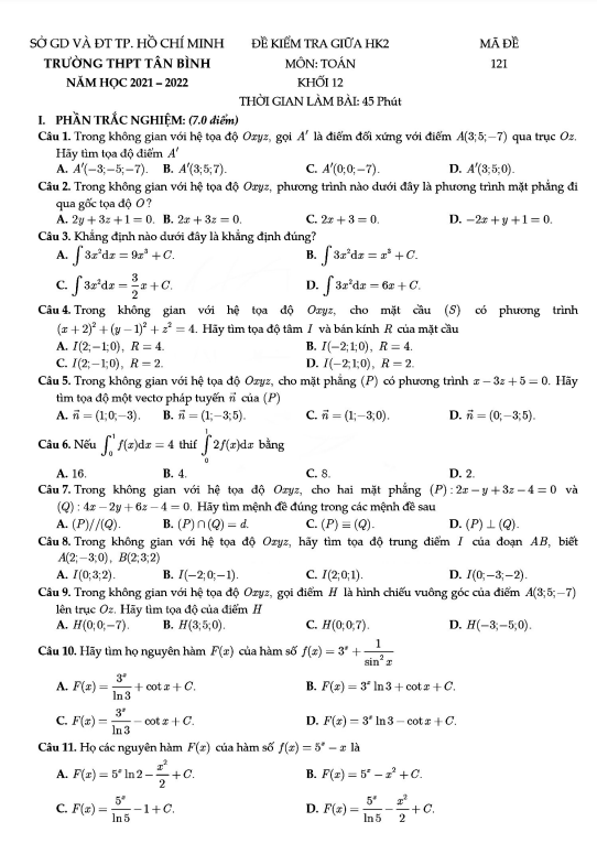 Đề kiểm tra giữa học kì 2 (HK2) lớp 12 môn Toán năm 2021 2022 trường THPT Tân Bình TP HCM