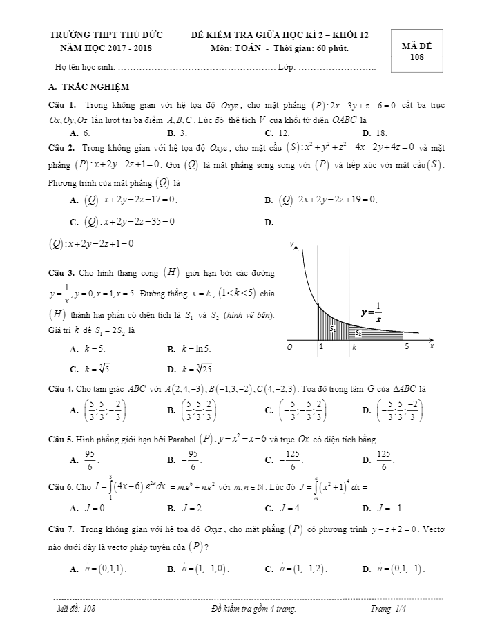 Đề kiểm tra giữa học kì 2 (HK2) lớp 12 môn Toán năm học 2017 2018 trường THPT Thủ Đức TP. HCM