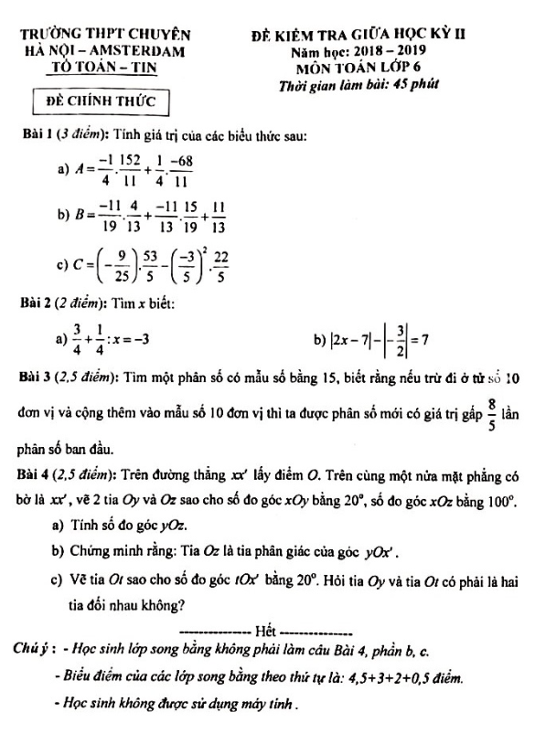 Đề kiểm tra giữa học kì 2 (HK2) lớp 6 môn Toán năm 2018 2019 trường chuyên Hà Nội Amsterdam
