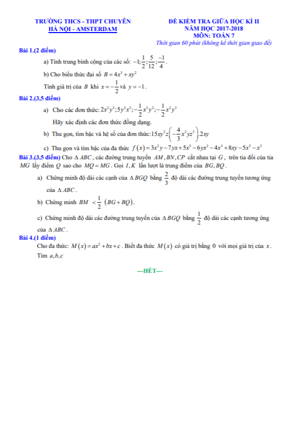 Đề kiểm tra giữa học kì 2 (HK2) lớp 7 môn Toán năm 2017 2018 trường chuyên Hà Nội Amsterdam