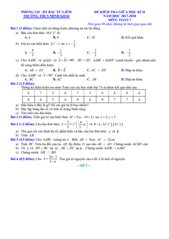 Đề kiểm tra giữa học kì 2 (HK2) lớp 7 môn Toán năm 2017 2018 trường THCS Minh Khai Hà Nội