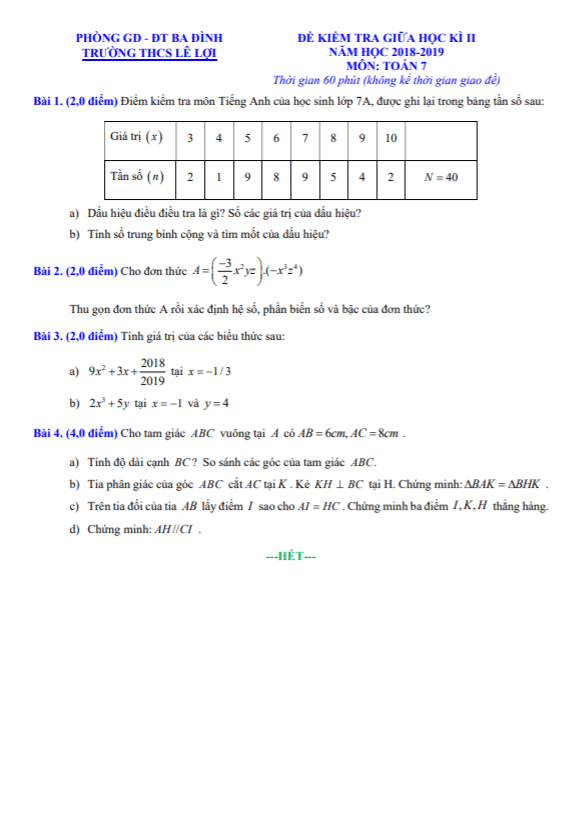 Đề kiểm tra giữa học kì 2 (HK2) lớp 7 môn Toán năm 2018 2019 trường THCS Lê Lợi Hà Nội