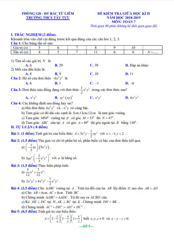 Đề kiểm tra giữa học kì 2 (HK2) lớp 7 môn Toán năm 2018 2019 trường THCS Tây Tựu Hà Nội