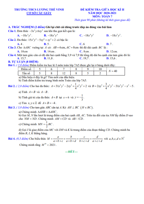 Đề kiểm tra giữa học kì 2 (HK2) lớp 7 môn Toán năm 2020 2021 trường THCS Lương Thế Vinh Hà Nội