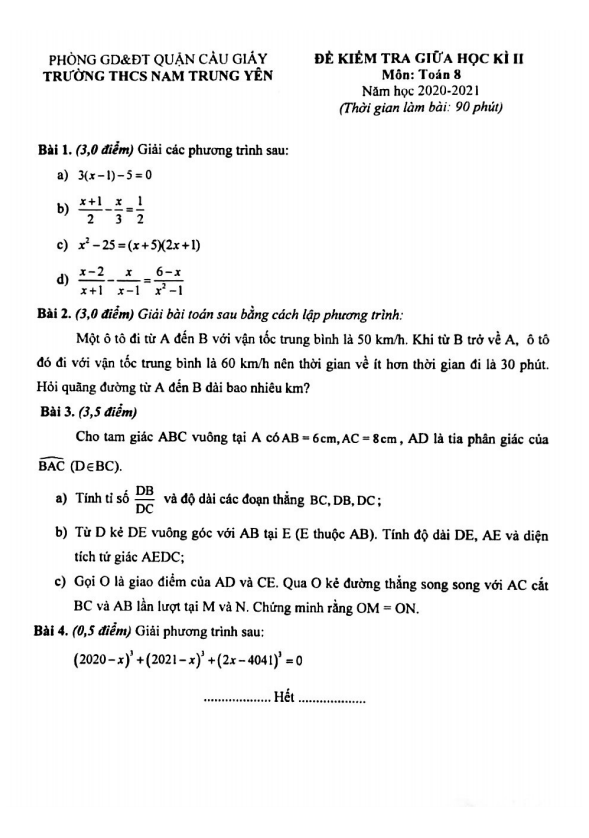 Đề kiểm tra giữa học kì 2 (HK2) lớp 8 môn Toán năm 2020 2021 trường Nam Trung Yên Hà Nội