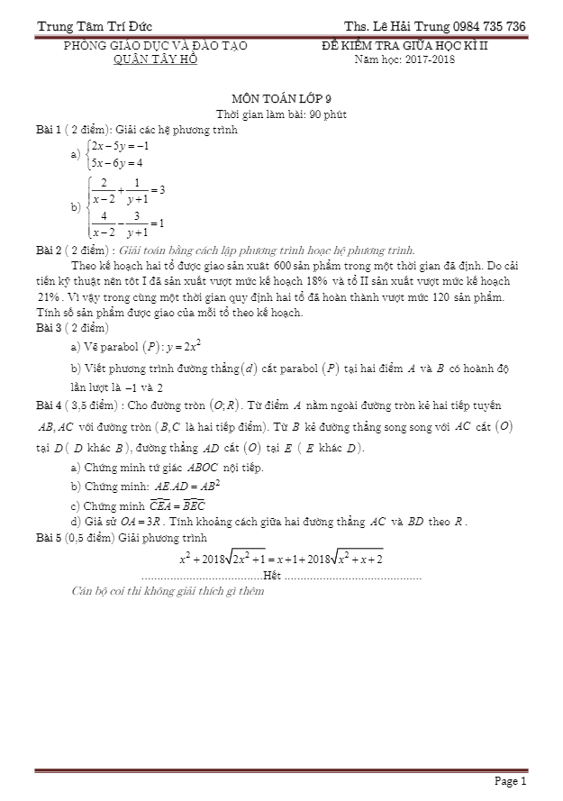 Đề kiểm tra giữa học kì 2 (HK2) lớp 9 môn Toán năm 2017 2018 phòng GD và ĐT Quận Tây Hồ Hà Nội