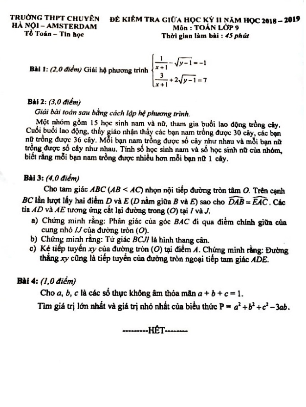 Đề kiểm tra giữa học kì 2 (HK2) lớp 9 môn Toán năm 2018 2019 trường chuyên Hà Nội Amsterdam