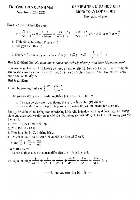 Đề kiểm tra giữa học kì 2 (HK2) lớp 9 môn Toán năm 2020 2021 trường Quỳnh Mai Hà Nội