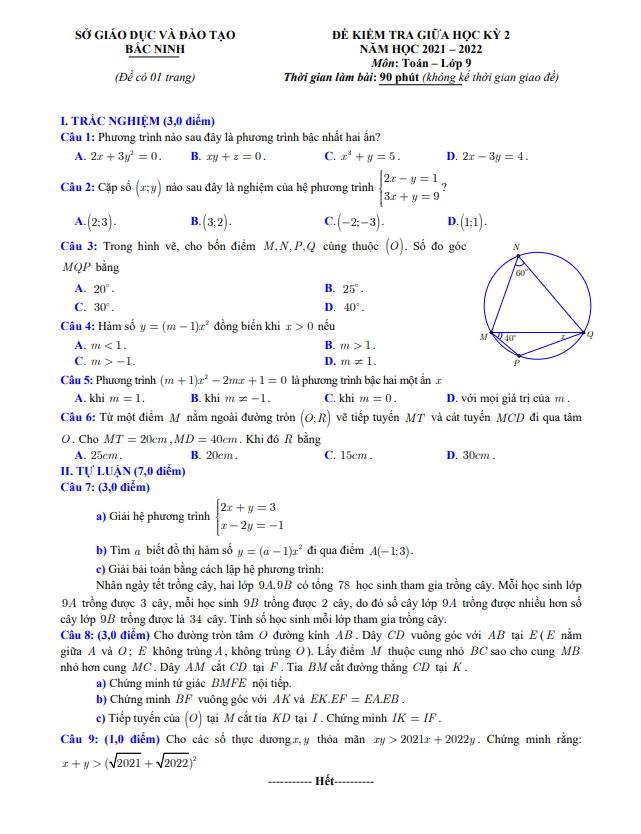 Đề kiểm tra giữa học kì 2 (HK2) lớp 9 môn Toán năm 2021 2022 sở GD ĐT Bắc Ninh