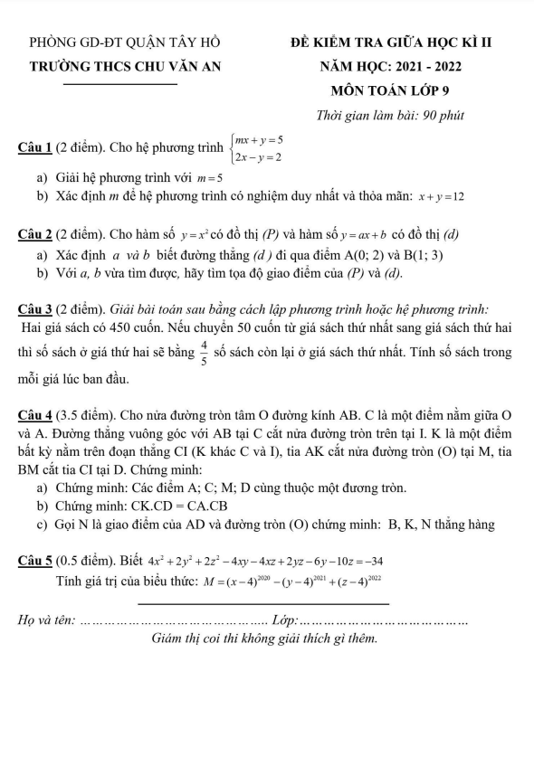 Đề kiểm tra giữa học kì 2 (HK2) lớp 9 môn Toán năm 2021 2022 trường THCS Chu Văn An Hà Nội