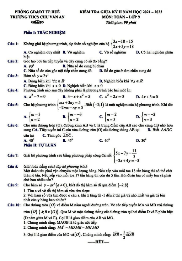 Đề kiểm tra giữa học kì 2 (HK2) lớp 9 môn Toán năm 2021 2022 trường THCS Chu Văn An TT Huế