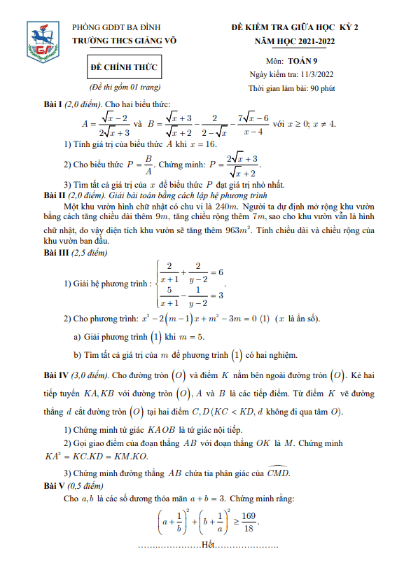 Đề kiểm tra giữa học kì 2 (HK2) lớp 9 môn Toán năm 2021 2022 trường THCS Giảng Võ Hà Nội