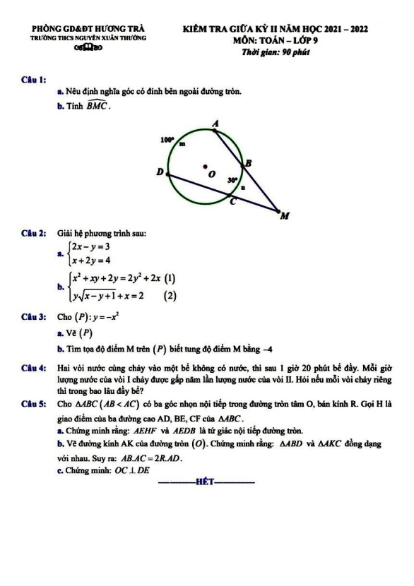 Đề kiểm tra giữa học kì 2 (HK2) lớp 9 môn Toán năm 2021 2022 trường THCS Nguyễn Xuân Thưởng TT Huế