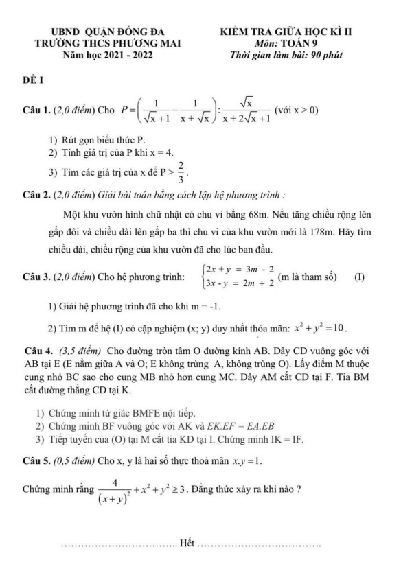 Đề kiểm tra giữa học kì 2 (HK2) lớp 9 môn Toán năm 2021 2022 trường THCS Phương Mai Hà Nội