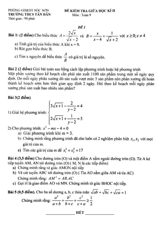 Đề kiểm tra giữa học kì 2 (HK2) lớp 9 môn Toán năm 2021 2022 trường THCS Tân Dân Hà Nội