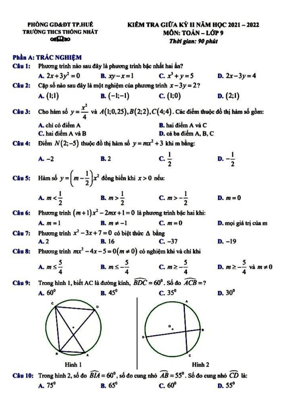 Đề kiểm tra giữa học kì 2 (HK2) lớp 9 môn Toán năm 2021 2022 trường THCS Thống Nhất TT Huế