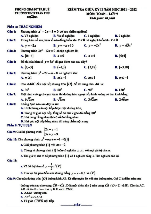 Đề kiểm tra giữa học kì 2 (HK2) lớp 9 môn Toán năm 2021 2022 trường THCS Trần Phú TT Huế