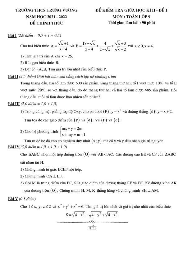 Đề kiểm tra giữa học kì 2 (HK2) lớp 9 môn Toán năm 2021 2022 trường THCS Trưng Vương Hà Nội