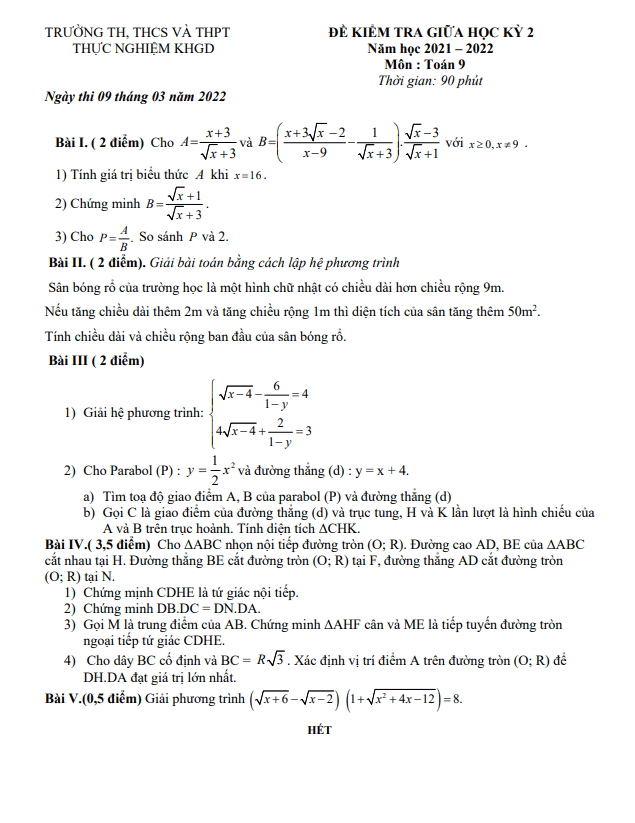 Đề kiểm tra giữa học kì 2 (HK2) lớp 9 môn Toán năm 2021 2022 trường Thực Nghiệm KHGD Hà Nội