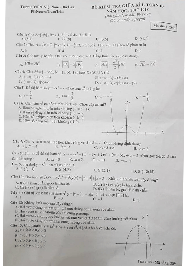 Đề kiểm tra giữa học kỳ I lớp 10 môn Toán năm học 2017 2018 trường THPT Việt Nam Ba Lan Hà Nội