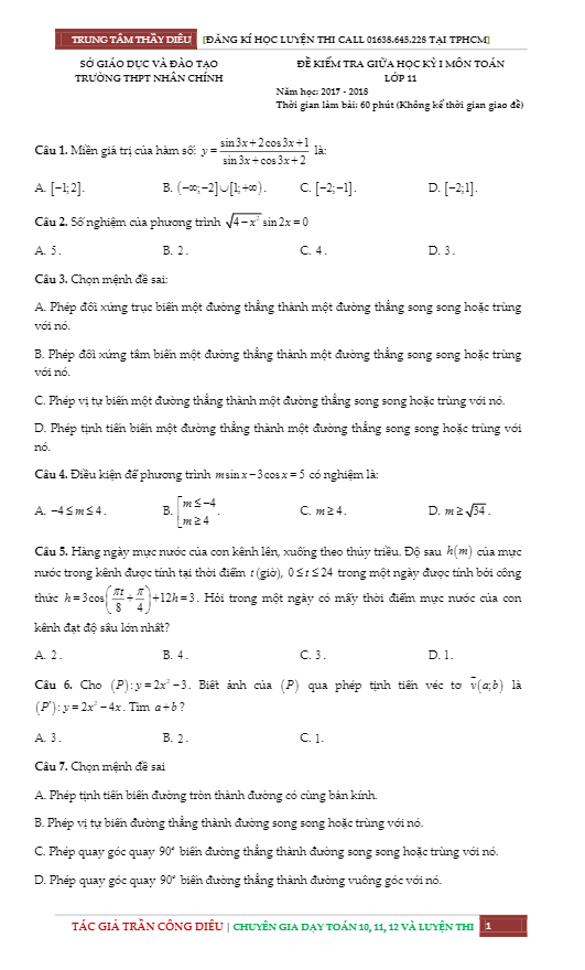 Đề kiểm tra giữa học kỳ I lớp 11 môn Toán năm học 2017 2018 trường THPT Nhân Chính Hà Nội