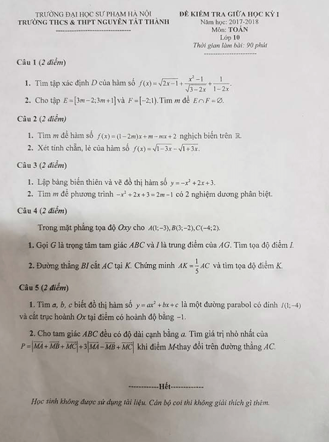 Đề kiểm tra giữa học kỳ I năm học 2017-2018 lớp 10 môn Toán trường THCS THPT Nguyễn Tất Thành Hà Nội