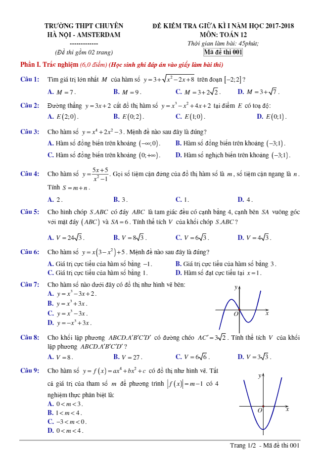 Đề kiểm tra giữa học kỳ I năm học 2017 2018 lớp 12 môn Toán trường THPT chuyên Hà Nội Amsterdam