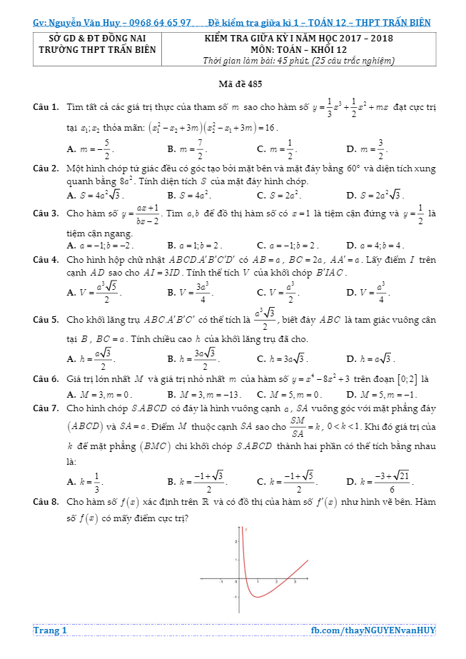 Đề kiểm tra giữa học kỳ I năm học 2017 2018 lớp 12 môn Toán trường THPT Trấn Biên Đồng Nai