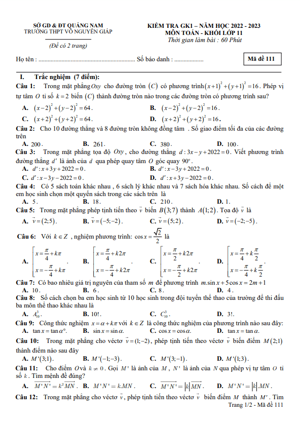 Đề kiểm tra GK1 lớp 11 môn Toán năm 2022 2023 trường THPT Võ Nguyên Giáp Quảng Nam