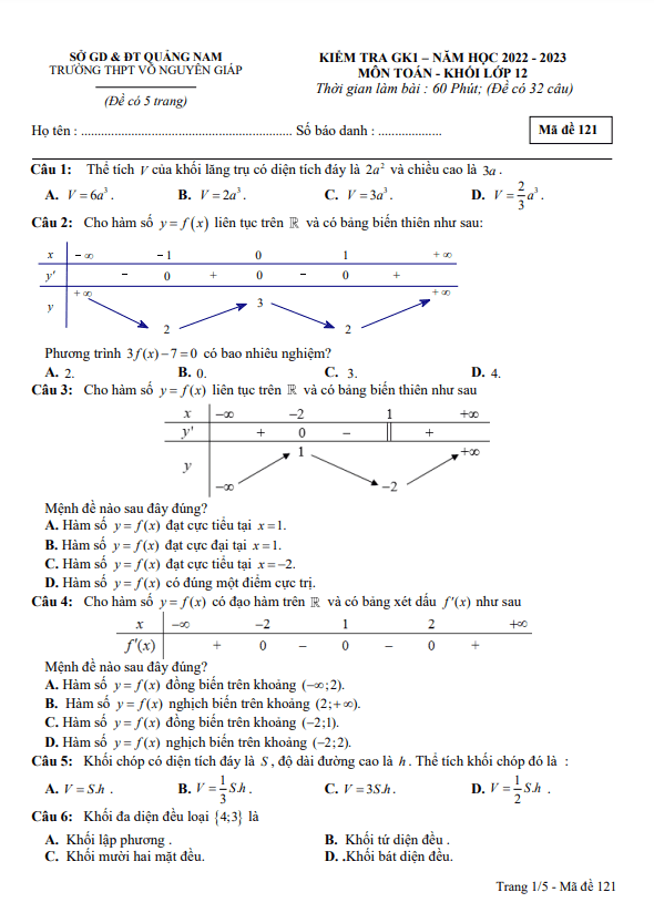 Đề kiểm tra GK1 lớp 12 môn Toán năm 2022 2023 trường THPT Võ Nguyên Giáp Quảng Nam