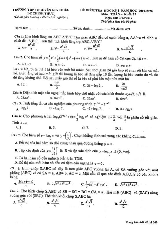 Đề kiểm tra HKI lớp 12 môn Toán năm 2019 2020 trường Nguyễn Gia Thiều Hà Nội