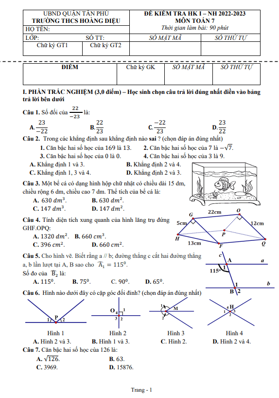 Đề kiểm tra HKI lớp 7 môn Toán năm 2022 2023 trường THCS Hoàng Diệu TP HCM