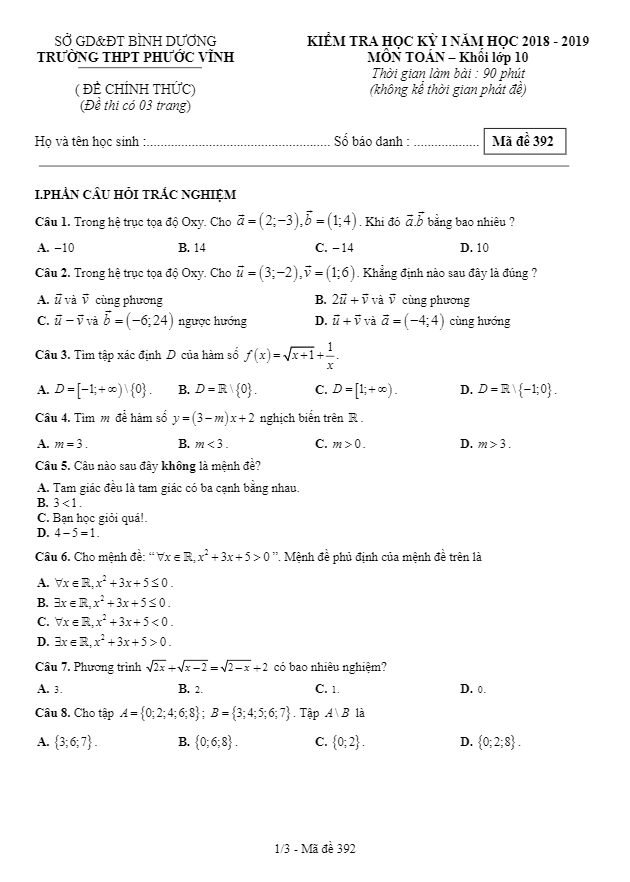 Đề kiểm tra học kì 1 (HK1) lớp 10 môn Toán năm 2018 2019 trường Phước Vĩnh Bình Dương