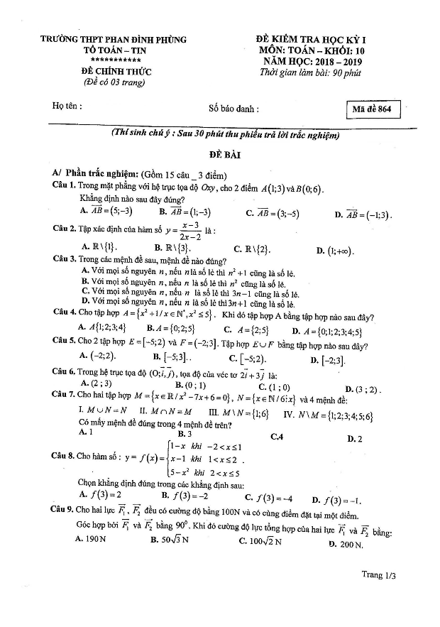 Đề kiểm tra học kì 1 (HK1) lớp 10 môn Toán năm 2018 2019 trường THPT Phan Đình Phùng Hà Nội