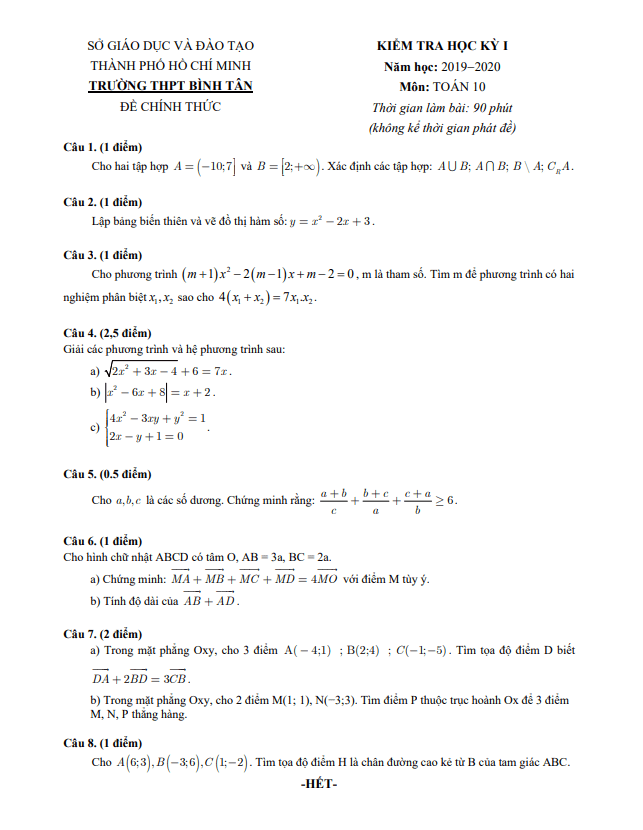 Đề kiểm tra học kì 1 (HK1) lớp 10 môn Toán năm 2019 2020 trường THPT Bình Tân TP HCM