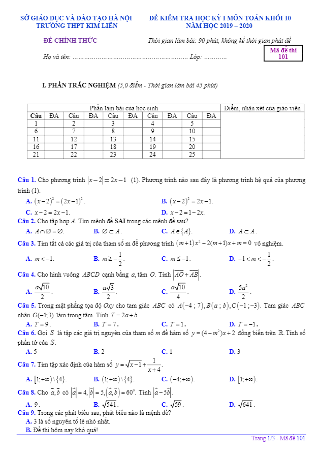 Đề kiểm tra học kì 1 (HK1) lớp 10 môn Toán năm 2019 2020 trường THPT Kim Liên Hà Nội