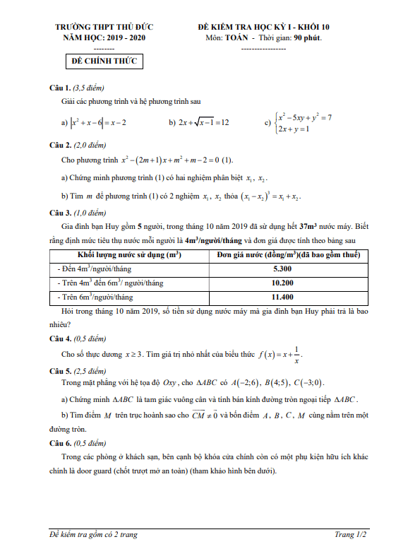 Đề kiểm tra học kì 1 (HK1) lớp 10 môn Toán năm 2019 2020 trường THPT Thủ Đức TP HCM