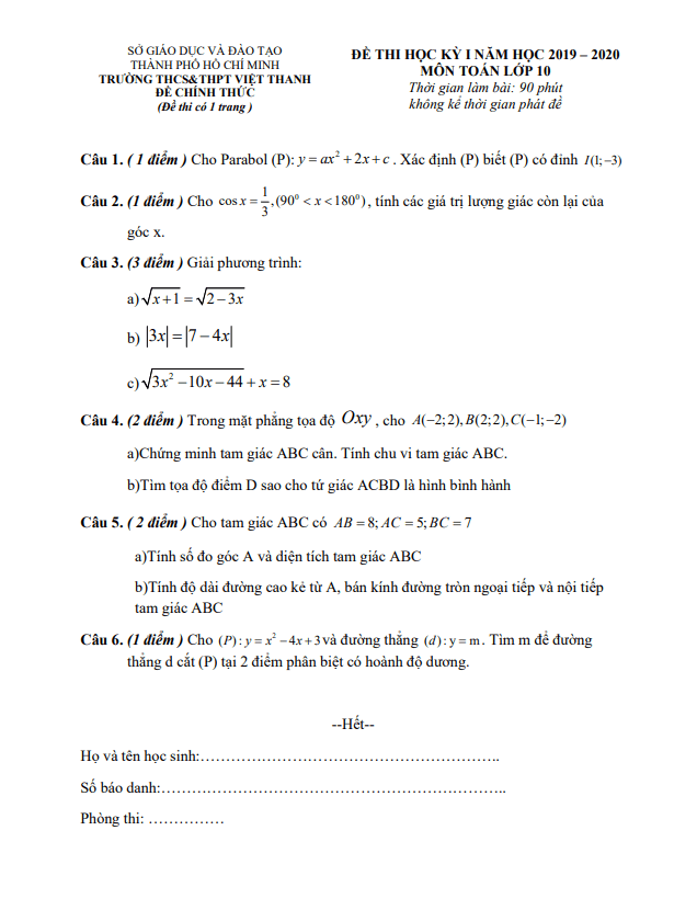 Đề kiểm tra học kì 1 (HK1) lớp 10 môn Toán năm 2019 2020 trường Việt Thanh TP HCM