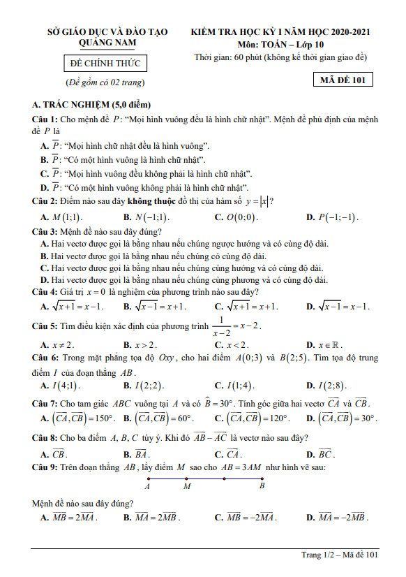Đề kiểm tra học kì 1 (HK1) lớp 10 môn Toán năm 2020 2021 sở GD ĐT Quảng Nam