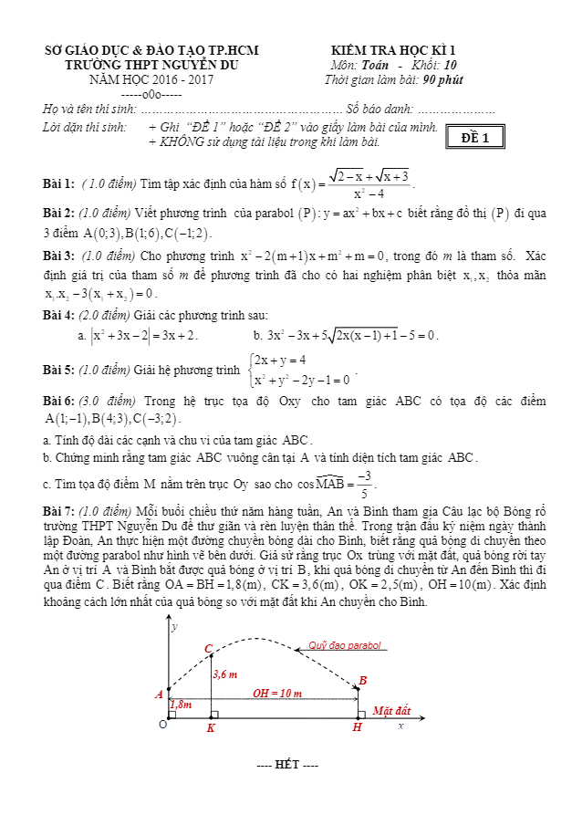Đề kiểm tra học kì 1 (HK1) lớp 10 môn Toán năm học 2016 2017 trường Nguyễn Du TP.HCM
