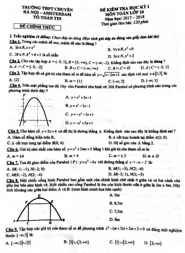 Đề kiểm tra học kì 1 (HK1) lớp 10 môn Toán năm học 2017 2018 trường THPT chuyên Hà Nội Amsterdam