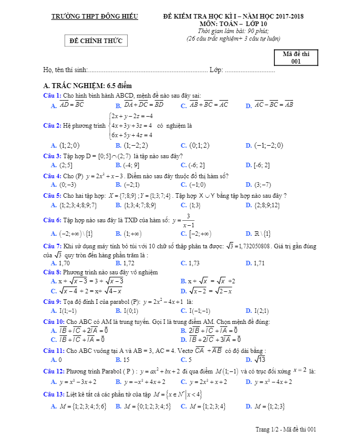 Đề kiểm tra học kì 1 (HK1) lớp 10 môn Toán năm học 2017 2018 trường THPT Đông Hiếu Nghệ An
