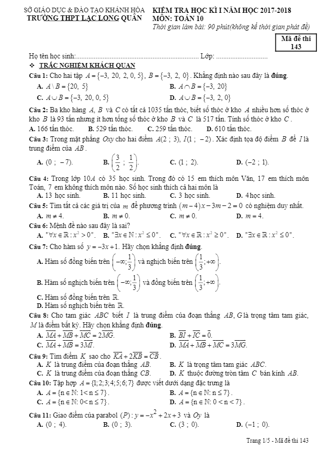 Đề kiểm tra học kì 1 (HK1) lớp 10 môn Toán năm học 2017 2018 trường THPT Lạc Long Quân Khánh Hòa
