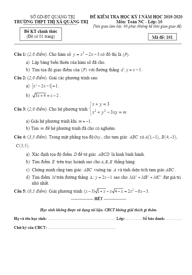 Đề kiểm tra học kì 1 (HK1) lớp 10 môn Toán NC năm 2019 2020 trường THPT Thị xã Quảng Trị