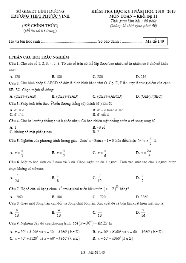 Đề kiểm tra học kì 1 (HK1) lớp 11 môn Toán năm 2018 2019 trường Phước Vĩnh Bình Dương
