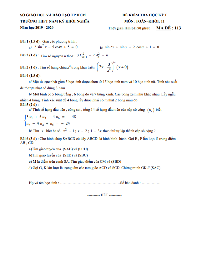 Đề kiểm tra học kì 1 (HK1) lớp 11 môn Toán năm 2019 2020 trường THPT Nam Kỳ Khởi Nghĩa TP HCM