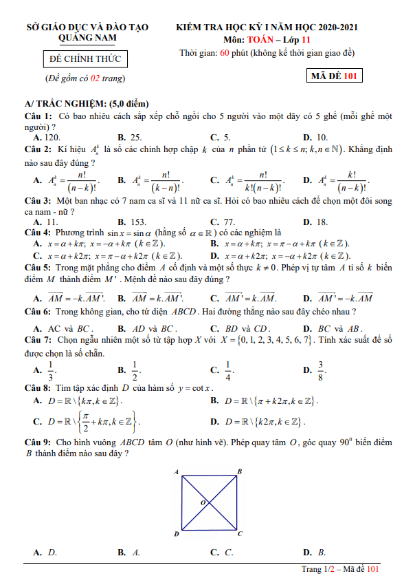 Đề kiểm tra học kì 1 (HK1) lớp 11 môn Toán năm 2020 2021 sở GD ĐT Quảng Nam