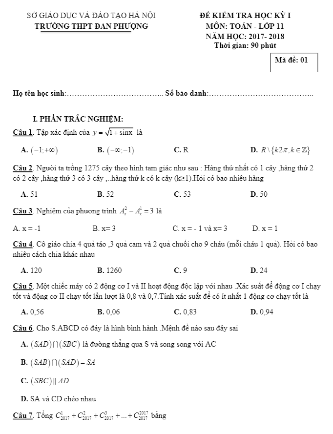 Đề kiểm tra học kì 1 (HK1) lớp 11 môn Toán năm học 2017 2018 trường THPT Đan Phượng Hà Nội