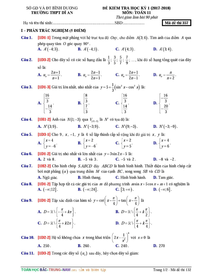 Đề kiểm tra học kì 1 (HK1) lớp 11 môn Toán năm học 2017 2018 trường THPT Dĩ An Bình Dương
